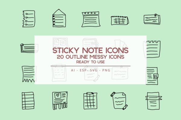 便笺手绘草图矢量轮廓大洋岛精选图标 Outline Sticky Note Icons set