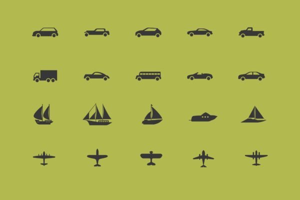 各种不同交通运输工具矢量大洋岛精选图标 Vehicles Icons / 3 Different Sheets