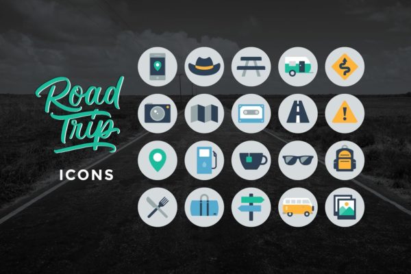 公路旅行主题圆形矢量大洋岛精选图标 Road Trip Icons