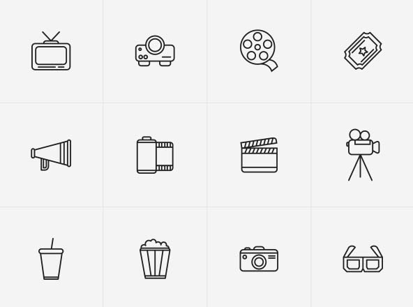 电影相关主题矢量线性大洋岛精选图标 Line Vector Cinema Icons