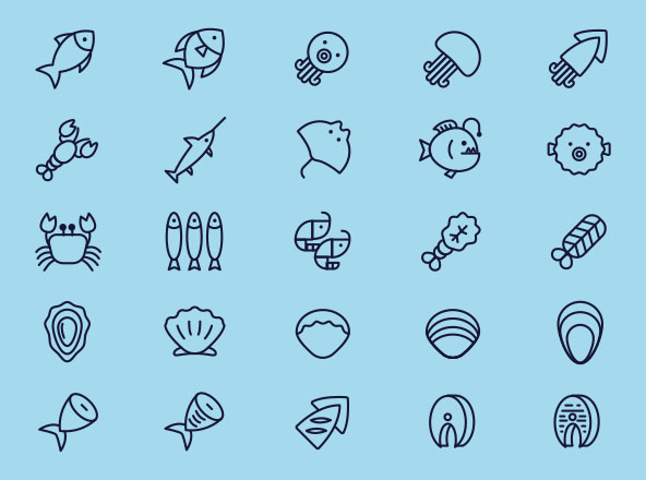 25枚海鲜美食矢量线性大洋岛精选图标 25 Vector Line Seafood Icons