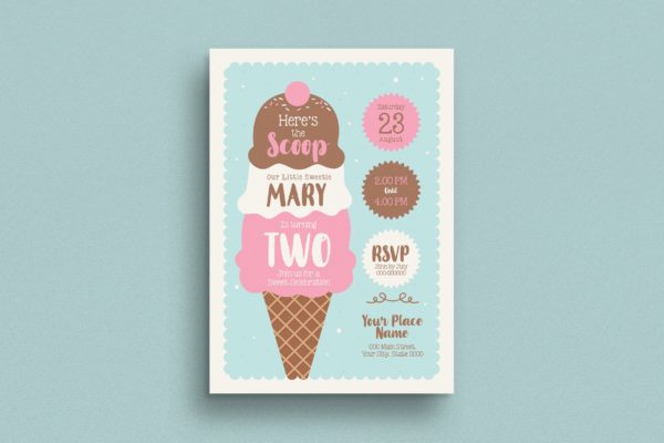 雪糕店周年庆邀请海报传单大洋岛精选PSD模板 Ice Cream Birthday Invitation