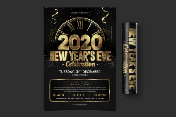 黄金立体字特效新年前夜倒计时活动海报传单大洋岛精选PSD模板 New Year Party Flyer
