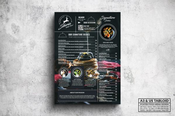 西式餐厅菜单海报PSD素材大洋岛精选模板 Elegant Food Menu – A3 & US Tabloid Poster