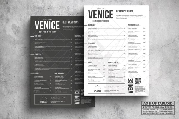 极简设计风格西餐菜单海报PSD素材大洋岛精选模板 Venice Minimal Food Menu – A3 & US Tabloid Poster