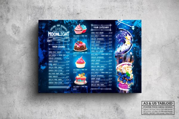 面包蛋糕店菜单海报PSD素材大洋岛精选模板 Moonlight Bakery Menu – A3 & US Tabloid Poster