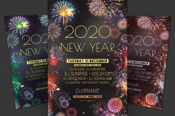 新年倒计时2020新年主题烟花晚会活动海报传单大洋岛精选PSD模板 New Year Flyer