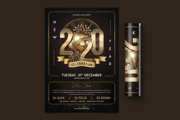 立体金属字2020年新年主题海报传单大洋岛精选PSD模板 New Year Party Flyer