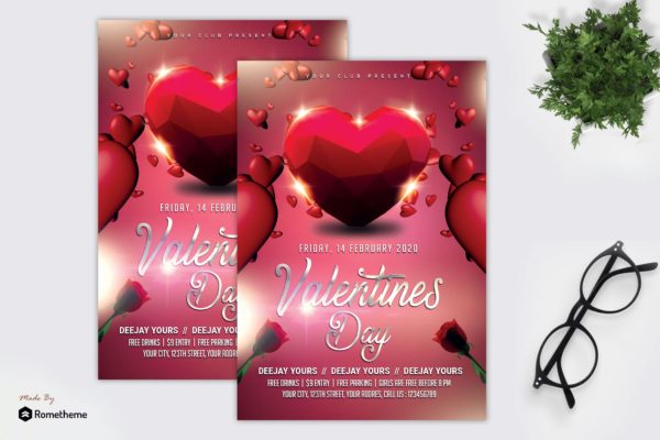多截面立体心形情人节主题海报传单大洋岛精选PSD模板 Valentine – Flyer MR