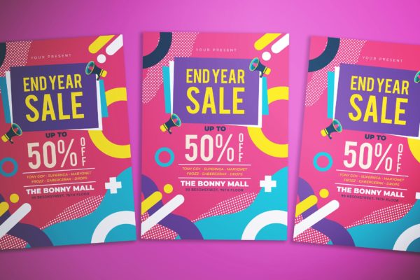 孟菲斯风格年终促销活动海报传单大洋岛精选PSD模板 Memphis End Year Sale Flyer