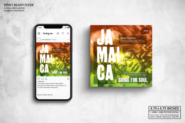 灵魂音乐主题活动宣传单&社交广告设计模板 Jamaica Music Square Flyer & Social Media Post