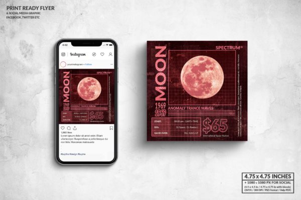 古典音乐会宣传单&社交广告设计模板 Moon Anomaly Music Square Flyer & Social Media