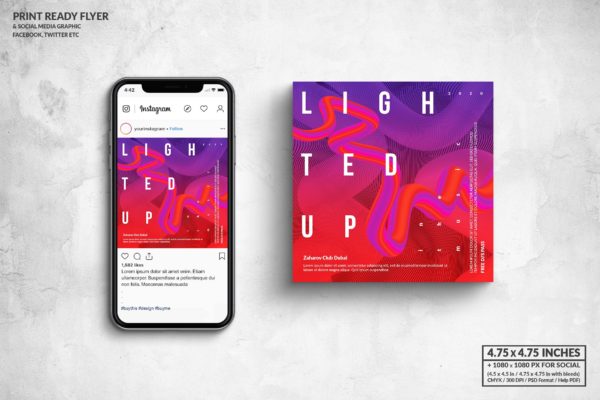 音乐主题活动传单&社交广告图设计模板 Lighted Up Music Square Flyer & Social Media Post