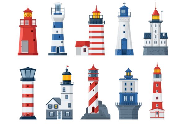 扁平设计风格灯塔和海上指示灯矢量图形素材 Flat Lighthouses and Sea Guide Lights缩略图 扁平设计风格灯塔和海上指示灯矢量图形素材 Flat Lighthouses and Sea Guide Lights