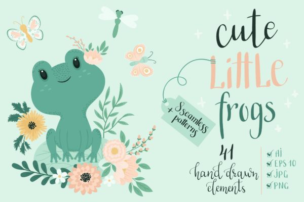 可爱小青蛙手绘矢量图形大洋岛精选设计素材 Cute Little Frogs Vector Graphic Set