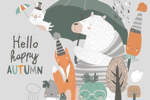 秋天雨天场景可爱动物手绘矢量插画大洋岛精选素材 Funny animals under umbrella. Autumn time. Rainy w缩略图 秋天雨天场景可爱动物手绘矢量插画大洋岛精选素材 Funny animals under umbrella. Autumn time. Rainy w