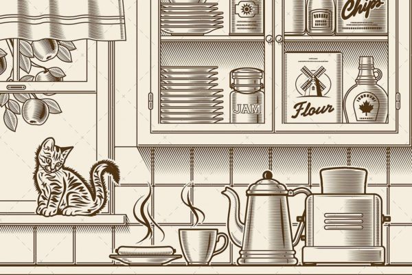 美式复古厨房单色矢量插画大洋岛精选素材 Retro Kitchen. One Color