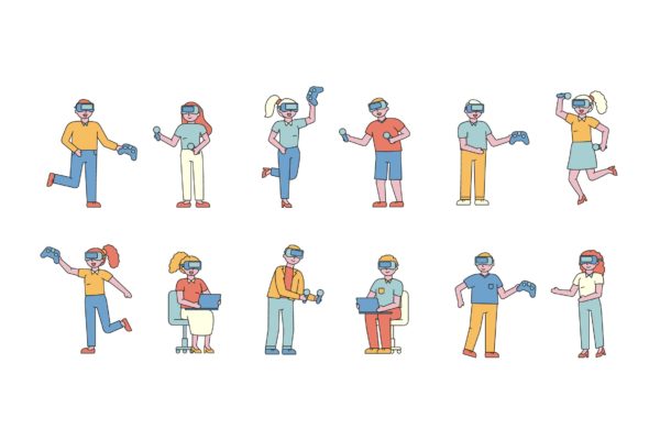 VR游戏者人物形象线条艺术矢量插画大洋岛精选素材 VR Lineart People Character Collection