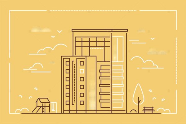 线条艺术现代建筑矢量插画大洋岛精选素材 Modern building – line design style illustration