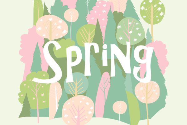 春季森林背景矢量手绘图案素材 Vector cartoon spring blossom forest. Hello spring缩略图 春季森林背景矢量手绘图案素材 Vector cartoon spring blossom forest. Hello spring