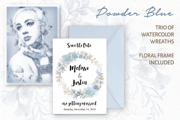 粉蓝色水彩花环剪贴画大洋岛精选PNG素材 Powder Blue Watercolor Wreaths