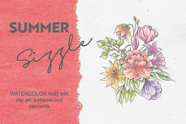 夏日鲜艳色彩水彩花卉设计大洋岛精选PNG素材包 Summer Sizzle: Watercolor and Ink Collection