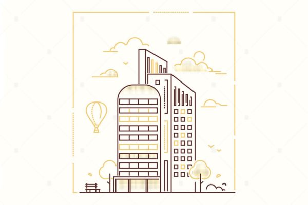 现代建筑线性设计风格矢量插画大洋岛精选v1 Modern building – line design style illustration