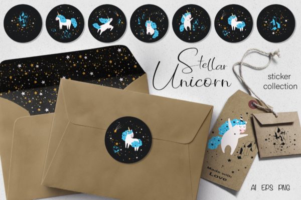 星座独角兽贴纸图案大洋岛精选设计素材 Stellar Unicorn Stickers