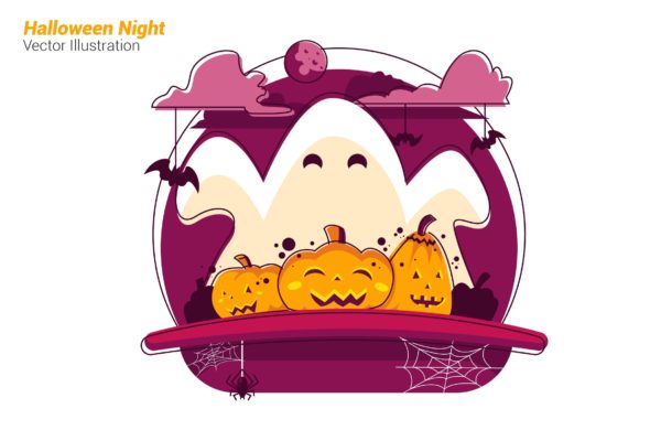 万圣节之夜场景矢量插画大洋岛精选素材 Halloween Night – Vector Illustration