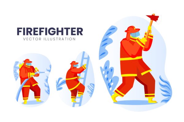 消防员卡通人物矢量插画大洋岛精选素材 Firefighter Vector Character Set Illustration