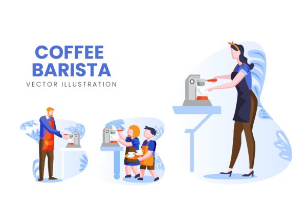 咖啡师人物形象大洋岛精选手绘插画矢量素材 Coffee Barista Vector Character Set