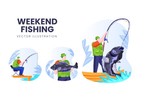 钓鱼爱好者人物形象大洋岛精选手绘插画矢量素材 Weekend Fishing Vector Character Set