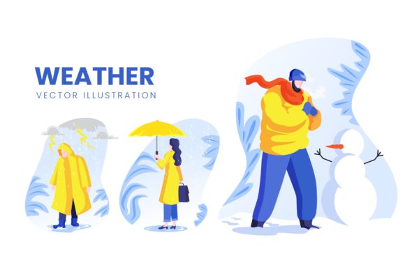 天气预报主题人物形象大洋岛精选手绘插画矢量素材 Weather Condition Vector Character Set