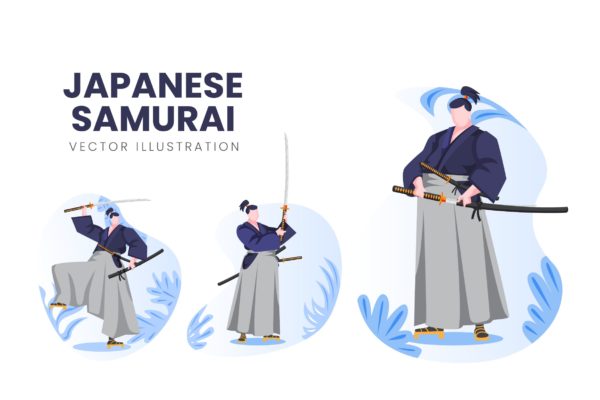 日本武士人物形象大洋岛精选手绘插画矢量素材 Japanese Samurai Vector Character Set