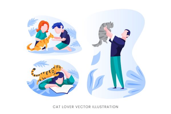 爱猫人士人物形象矢量手绘大洋岛精选设计素材 Cat Lover Vector Character Set