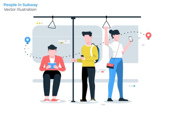 地铁出行主题矢量插画大洋岛精选素材 People in Subway – Vector Illustration