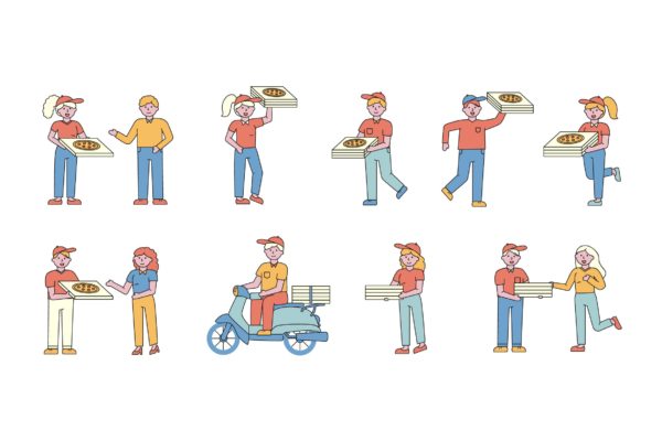 披萨送餐员人物形象线条艺术矢量插画大洋岛精选素材 Pizza delivery Lineart People Character Collection缩略图 披萨送餐员人物形象线条艺术矢量插画大洋岛精选素材 Pizza delivery Lineart People Character Collection
