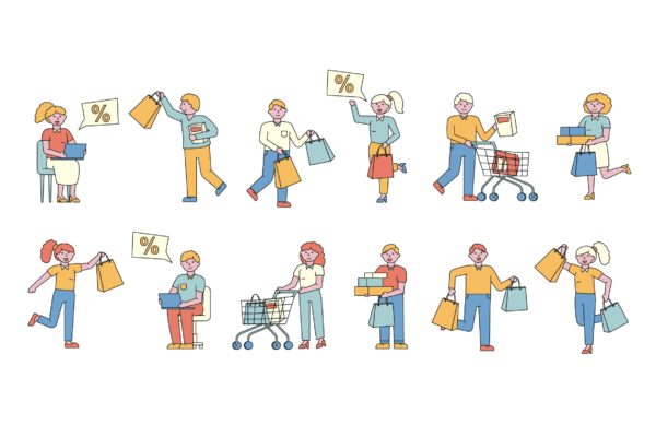 购物狂人人物形象线条艺术矢量插画大洋岛精选素材 Shoppers Lineart People Character Collection