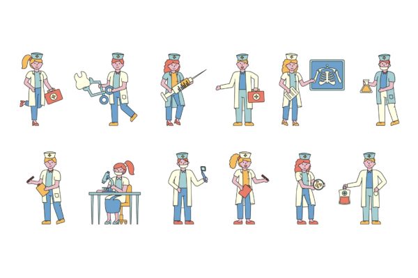 医院医疗人物形象线条艺术矢量插画大洋岛精选素材 Medical Lineart People Character Collection