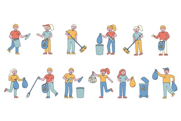 垃圾分类环保主题人物形象线条艺术矢量插画大洋岛精选素材 Garbage Lineart People Character Collection