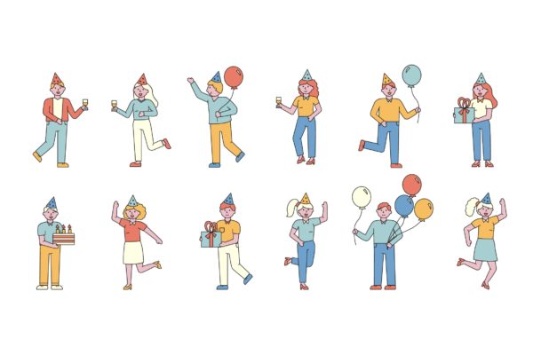聚会派对人物形象线条艺术矢量插画大洋岛精选素材 Party Lineart People Character Collection