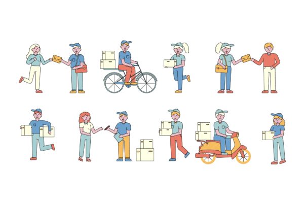 送药上门人物形象线条艺术矢量插画大洋岛精选素材 Mail delivery Lineart People Character Collection