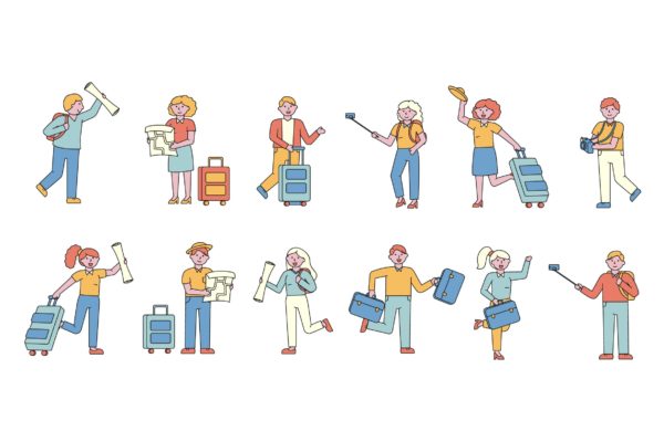 旅行人物形象线条艺术矢量插画大洋岛精选素材 Tourists Lineart People Character Collection