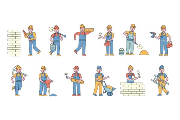 建筑工人人物形象线条艺术矢量插画大洋岛精选素材 Builders Lineart People Character Collection