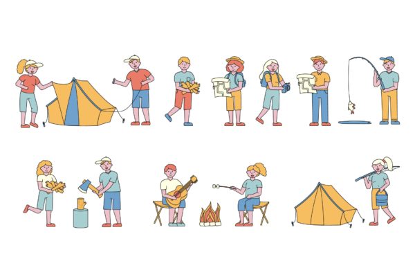 野营户外运动主题人物形象线条艺术矢量插画大洋岛精选素材 Campers Lineart People Character Collection