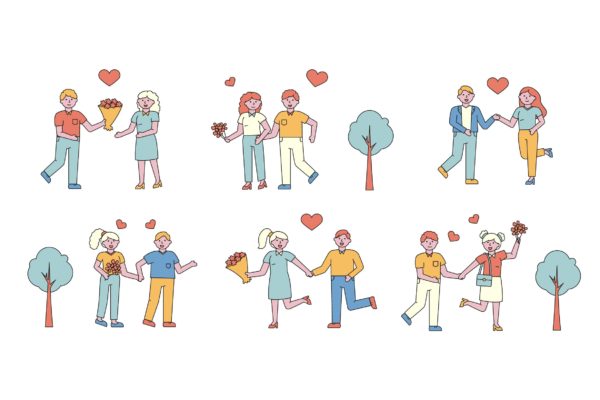 情侣爱情主题人物形象线条艺术矢量插画大洋岛精选素材 Romantic Lineart People Character Collection