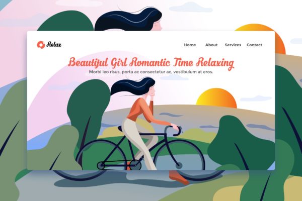 浪漫时光美丽女孩网站着陆页设计手绘插画素材 Beautiful Girl Romantic Time Relaxing Landing Page