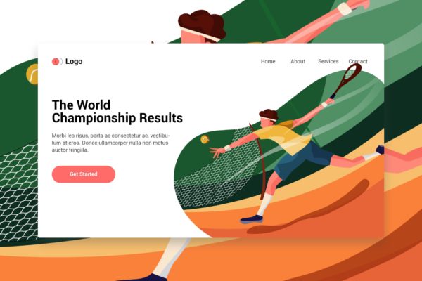 网站着陆页设计网球运动主题大洋岛精选手绘插画矢量 Male Tennis Player Vector Landing Page