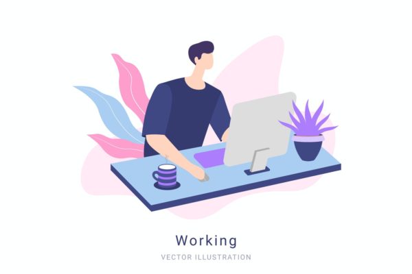 极简主义风格工作场景矢量插画大洋岛精选素材 Working Vector Illustration