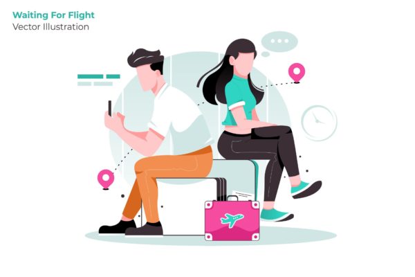 候机人员人物形象矢量插画大洋岛精选素材 Waiting Flight – Vector Illustration